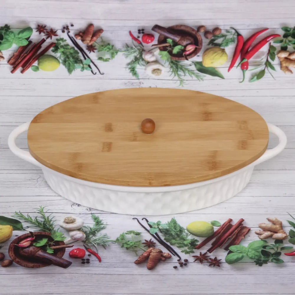 Форма для запекания керамическая «White magic» 29*20см с бамбуковой крышкой