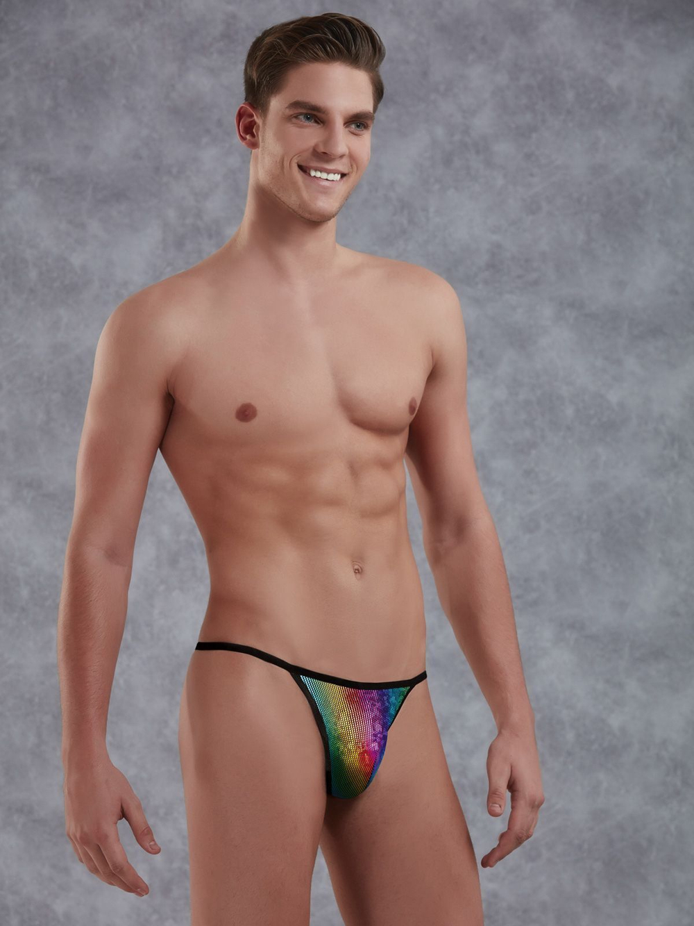 Мужские трусы-стринги с радужным принтом Doreanse Rainbow (Размер: S) (Цвет: черный)