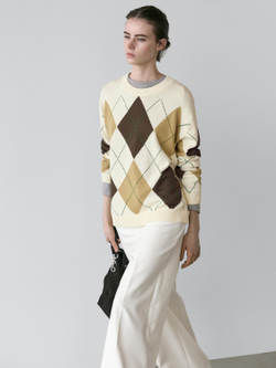 Massimo Dutti Хлопковый вязаный свитер с узором ромбы, натуральный/кремовый