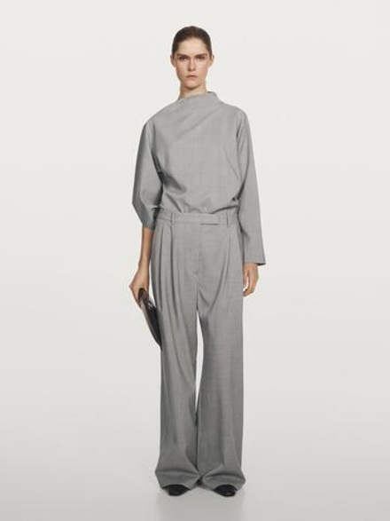 Massimo Dutti Брюки с широкими штанинами и вытачками из 100% шерсти - Studio, бледно-серый