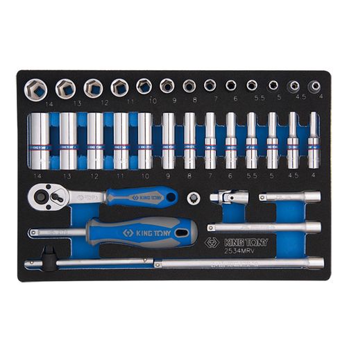 KING TONY (9-2534MRV) Набор торцевых головок 1/4" с принадлежностями, ложемент, 34 предмета