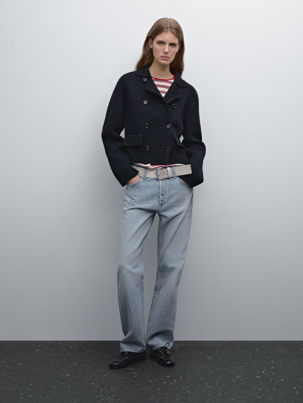 Massimo Dutti Двубортный кардиган из миланского трикотажа, темно-синий