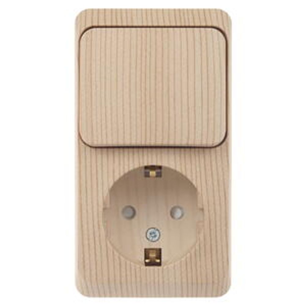 Schneider Electric ЭТЮД Сосна Блок: Розетка с заземляющими контактами со шторками + выключатель 1-клавишный открытая установка BPA16-201D