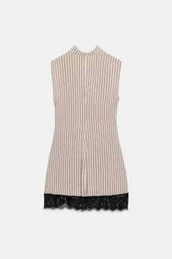 ZARA МИНИ-ПЛАТЬЕ В ПОЛОСКУ С КРУЖЕВОМ, РОЗОВЫЙ