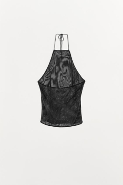 ZARA ТОП С ГОРЛОВИНОЙ ХАЛТЕР ИЗ ПОЛУПРОЗРАЧНОЙ ТКАНИ СО СТРАЗАМИ, ЧЕРНЫЙ