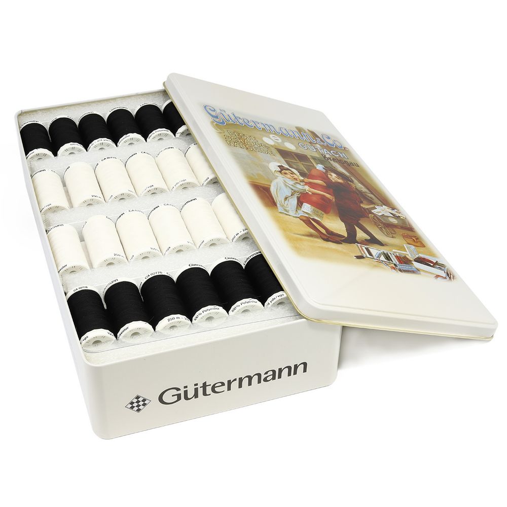 Швейные нитки (набор) Gutermann Sew-all 250м, 80 катушек, черные и белые цвета в металлической коробке "Ностальгия"