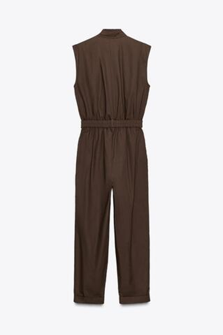 ZARA ДЛИННЫЙ КОМБИНЕЗОН ИЗ ПОПЛИНА, ТЕМНО-КОРИЧНЕВЫЙ