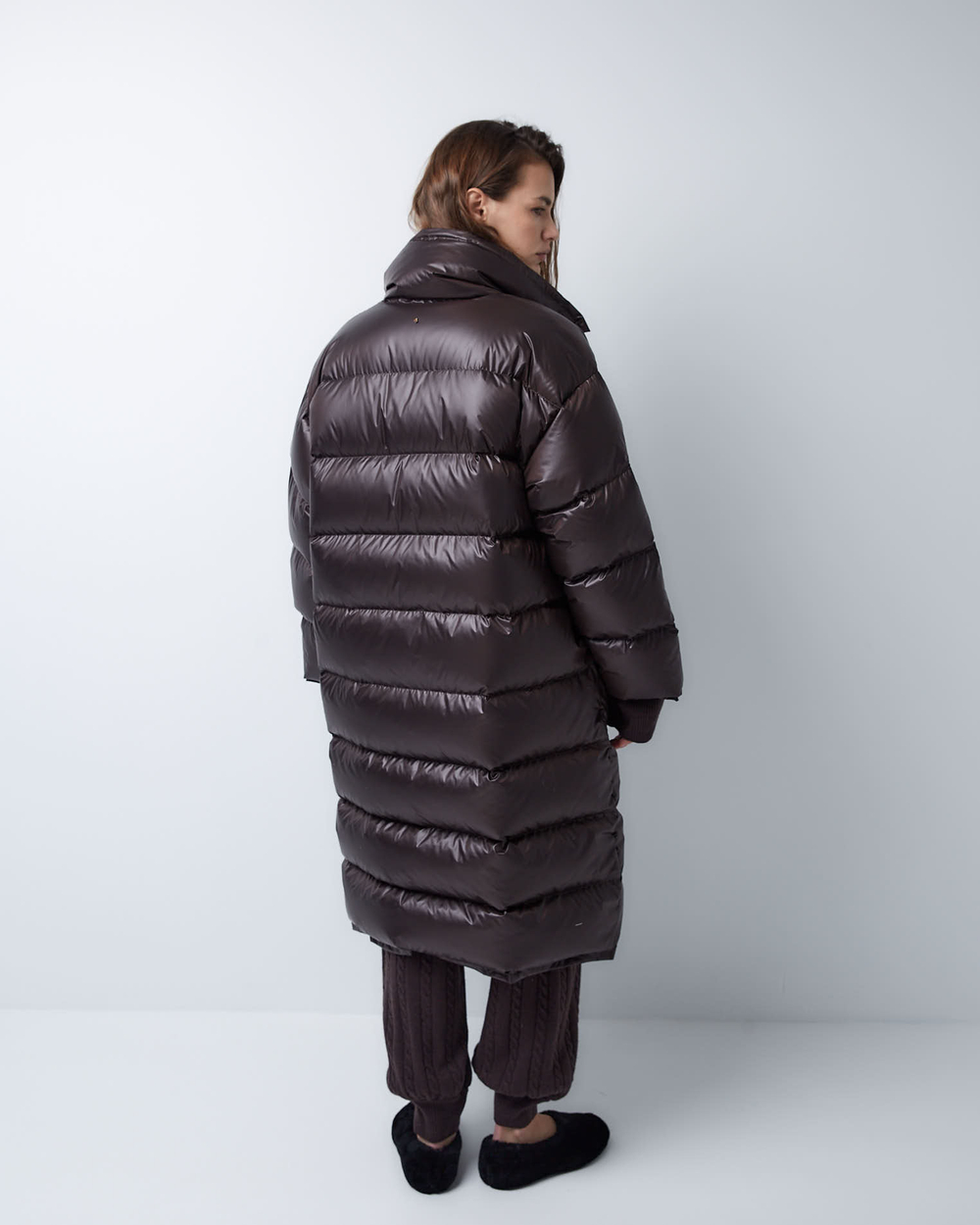 Пуховик двубортный темный шоколад