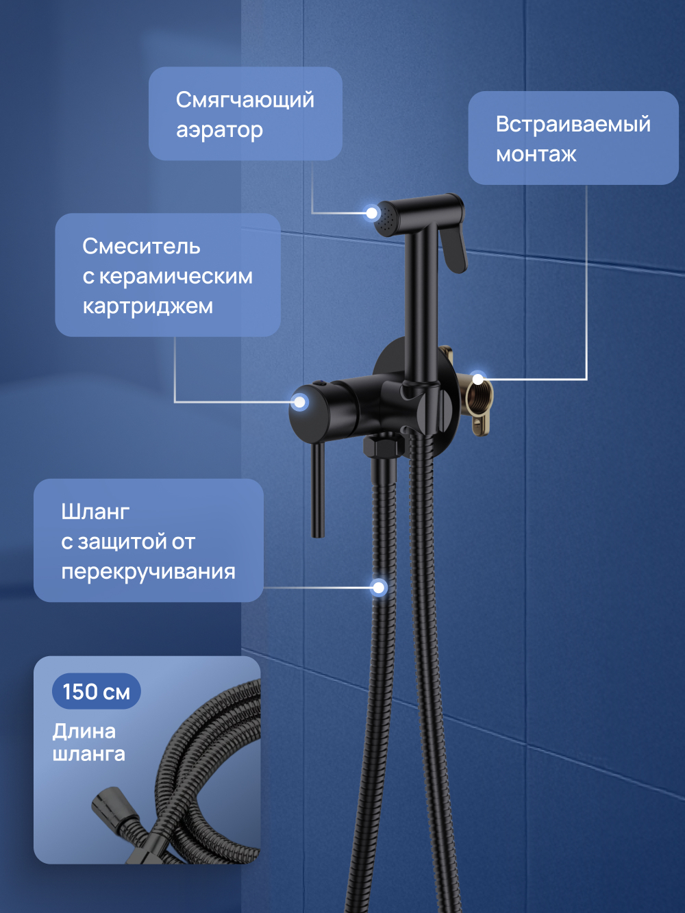 Гигиенический душ STWORKI Эстерсунд S31150BK со смесителем, С ВНУТРЕННЕЙ ЧАСТЬЮ, матовый черный