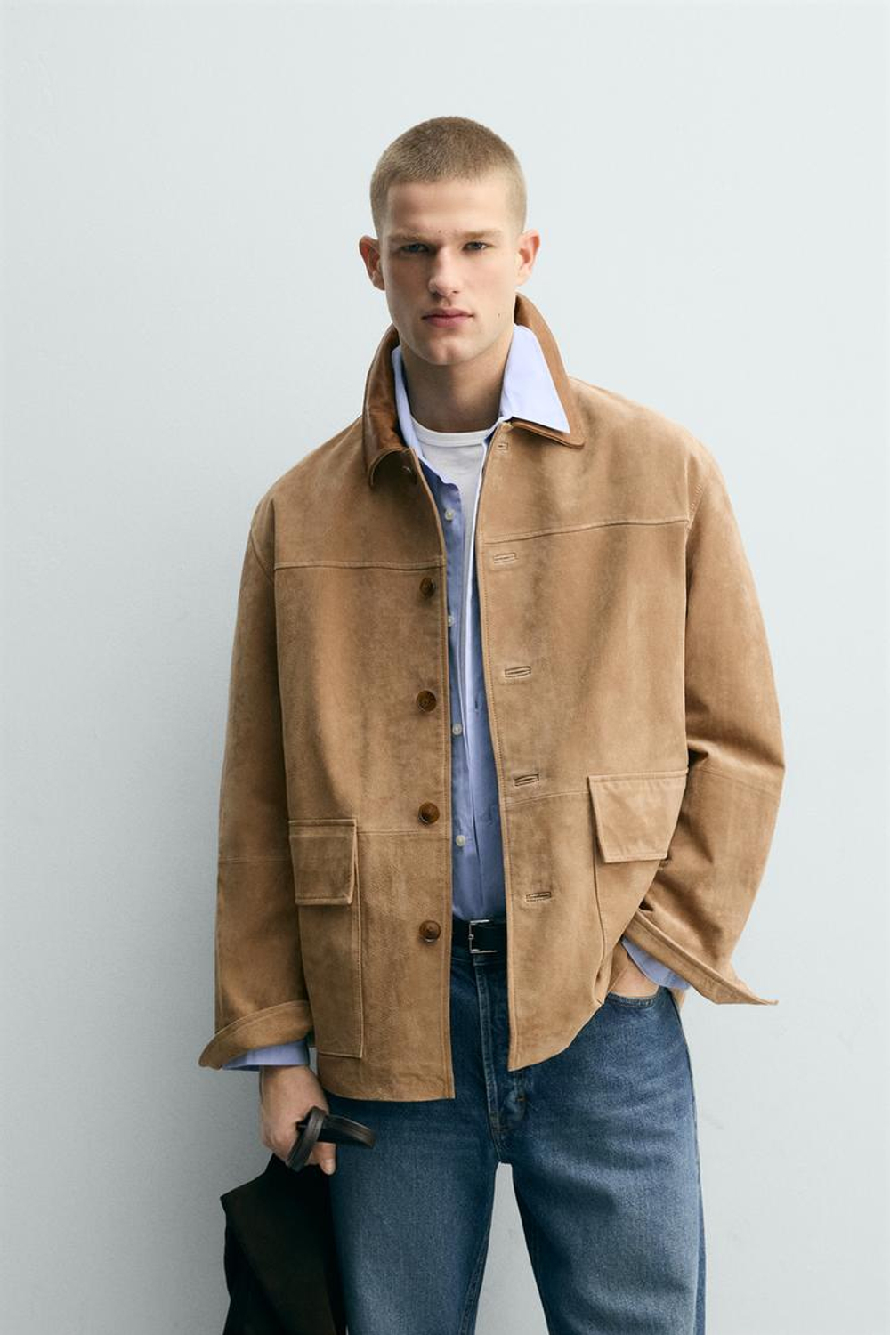 ZARA КУРТКА ИЗ ЗАМШИ С КОМБИНИРОВАННЫМ ВОРОТНИКОМ, РЫЖЕВАТО-КОРИЧНЕВЫЙ