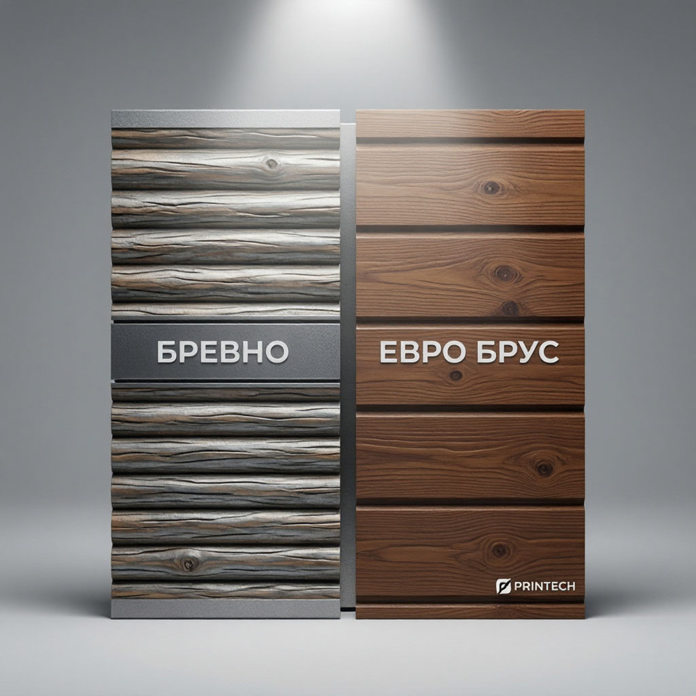 Сайдинг "БРЕВНО" 0,335 (расч. 0,383) и "ЕВРО Брус" 0,340 м (расч. 0,359) от 0,5 до 6 м Printech УН-0.45, цена за м2