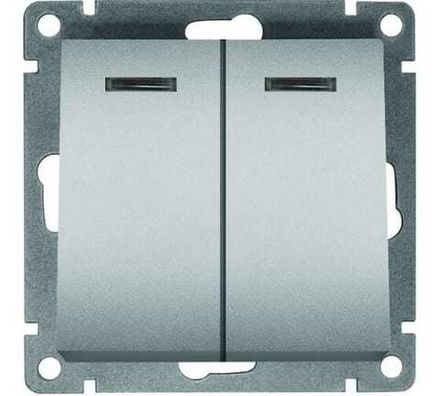 Выключатель двухклавишный с подсветкой "UNIVersal" серия "Афина ", с/у, 10А, 220В, серебро (еврослот