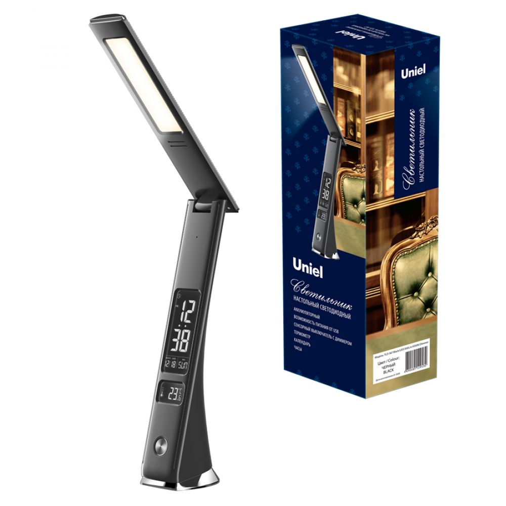 TLD-567 Black-LED-300Lm-4500K-Dimmer Светильник настольный c часами. календарем. термометром. 6W. Встроенный аккумулятор 2000mAh. Сенсорный выключатель. Диммер. Черный. ТМ Uniel