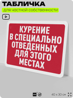 Табличка для частной территории "Курение в специально отведенных для этого местах", на дом, для участка, организаций и частных территорий, 40х30 см, Silver Plane x Айдентика Технолоджи