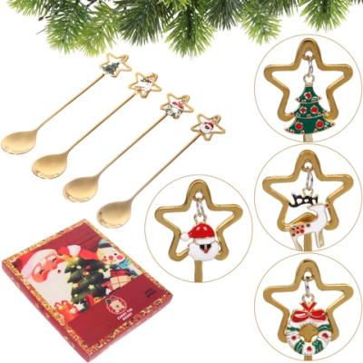 Набор чайных ложек 4шт «Новогодние звезды» в подарочной коробке, цвет золото