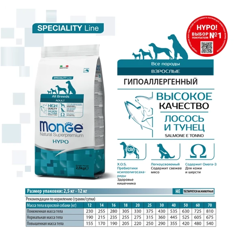 Сухой корм Monge DOG Speciality Line HYPO для взрослых собак, гипоаллергенный, из лосося с тунцом 12 кг