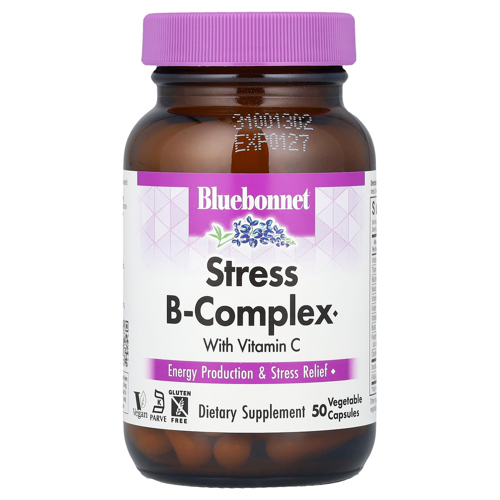 Bluebonnet Nutrition, Stress B-комплекс с витамином C, 50 растительных капсул