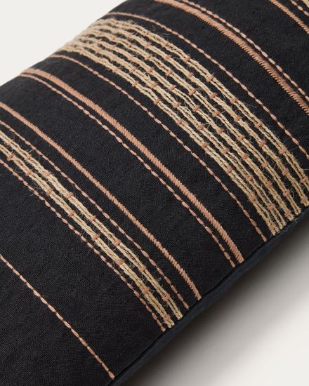 Чехол для подушки Sairu из льна черного цвета с бежевой вышивкой 30 x 50 см