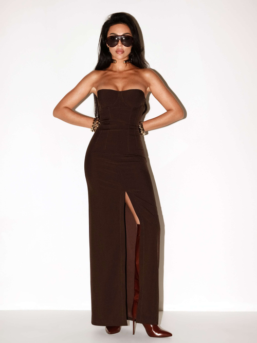 Платье макси корсетное с разрезом спереди