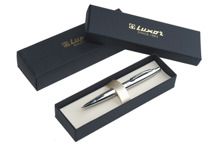 Ручка шариковая DUNES Luxor поворотный механизм синяя 0.7мм корпус серебристый металлический с хромированными деталями в подарочном футляре черного цвета