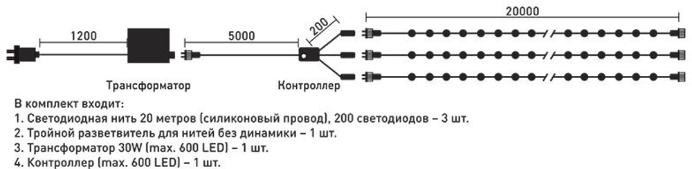 Комплект гирлянды на деревья с контроллером 60 м., 3 луча по 20 м, 600 LED ламп небесно голубого цвета, Beauty Led (KDD600C-10-1SB)