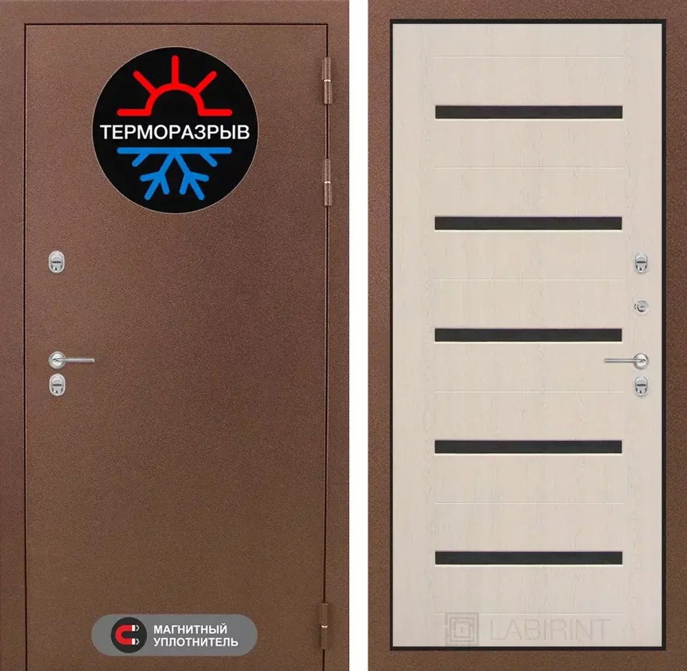 Дверь с терморазрывом входная Лабиринт Термо Магнит 01 - Беленый дуб, стекло черное