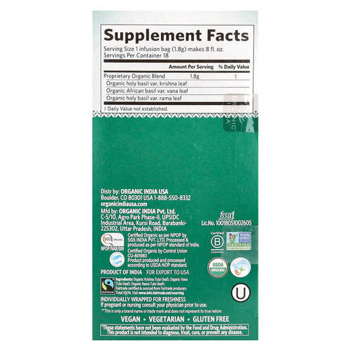 Organic India, оригинальный чай тулси, без кофеина, 18 пакетиков для заваривания, 32,4 г (1,14 унции)
