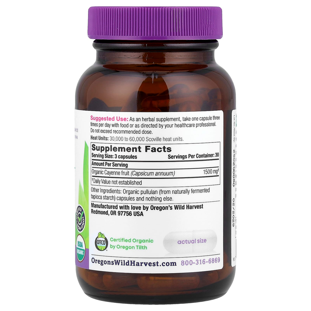 Oregon's Wild Harvest, органический кайенский перец, 90 органических веганских капсул (500 мг в 1 капсуле)