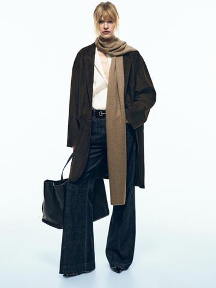 Massimo Dutti Длинное пальто из замши, коричневый