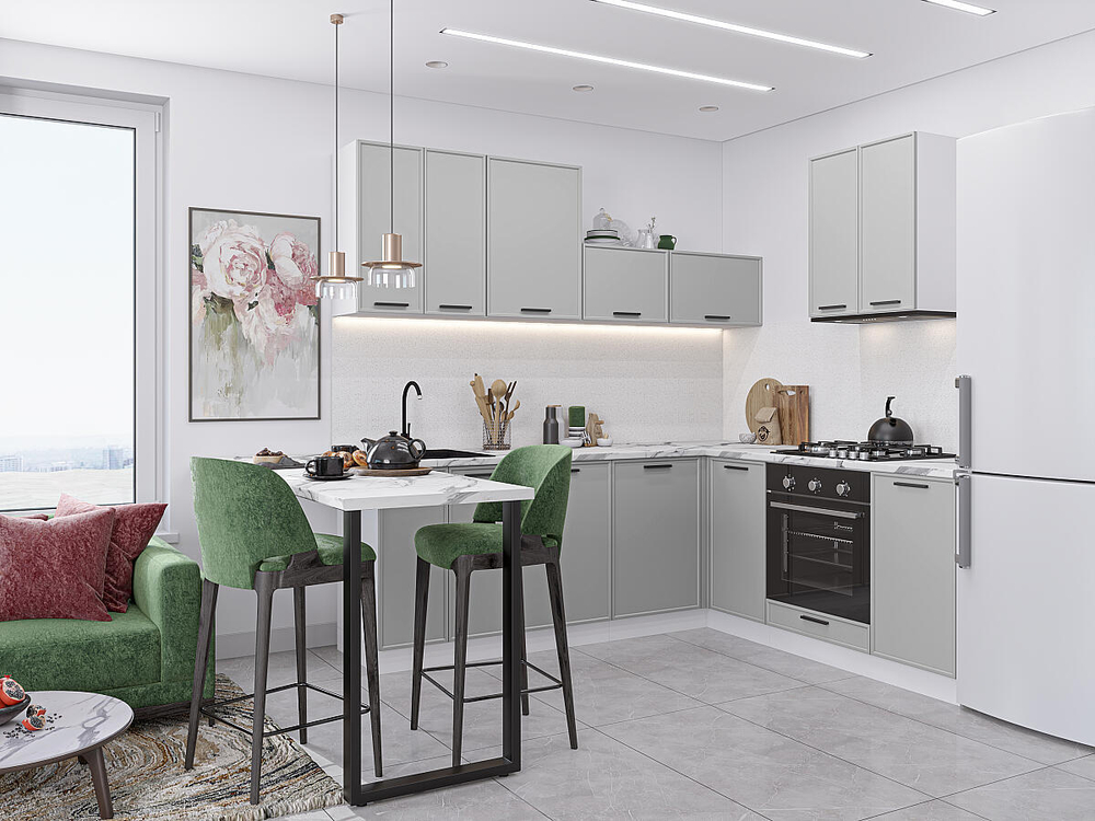 Угловая модульная кухня Фрейм-03 Grey Silk - Белый 2140*2200/2000*600