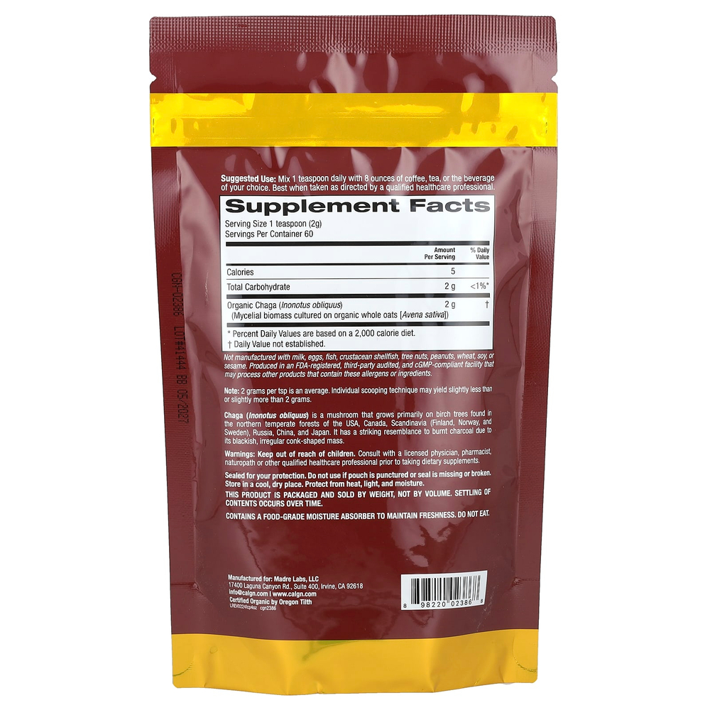 California Gold Nutrition, Fungiology®, порошок из сертифицированной органической чаги, 120 г (4,2 унции)