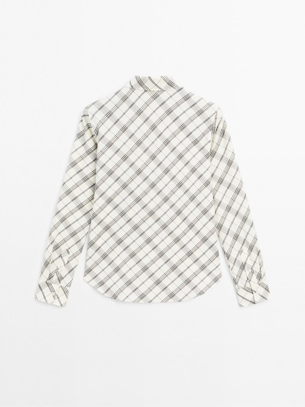 Massimo Dutti Рубашка в клетку из смесовой хлопковой ткани с кроем по косой, натуральный, кремовый