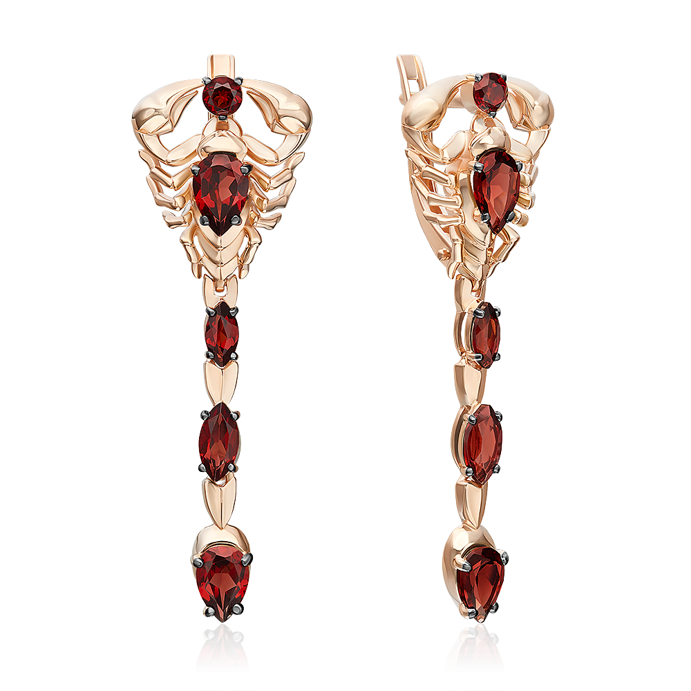 Серьги «Скорпионы» с английским замком из красного золота с гранатами