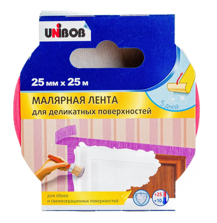 Клейкая лента малярная РОЗОВАЯ для деликатных поверхностей 25мм х 25 м Unibob