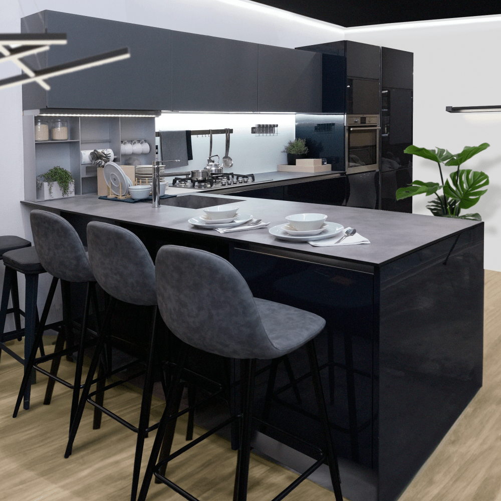 Комплект кухонной мебели с островом Lube Clover, цвет серый, комплект бытовой техники включает в себя встраиваемый холодильник с морозильной камерой, смеситель, духовой шкаф, варочную поверхность и посудомоечную машину, 49327