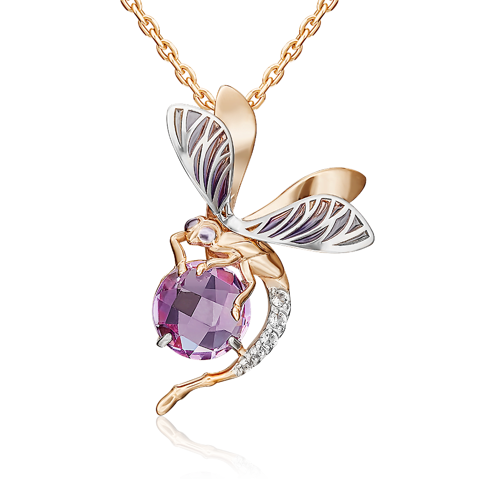 Подвеска «Стрекоза» из комбинированного золота с аметистом, натуральными топазами white и эмалью