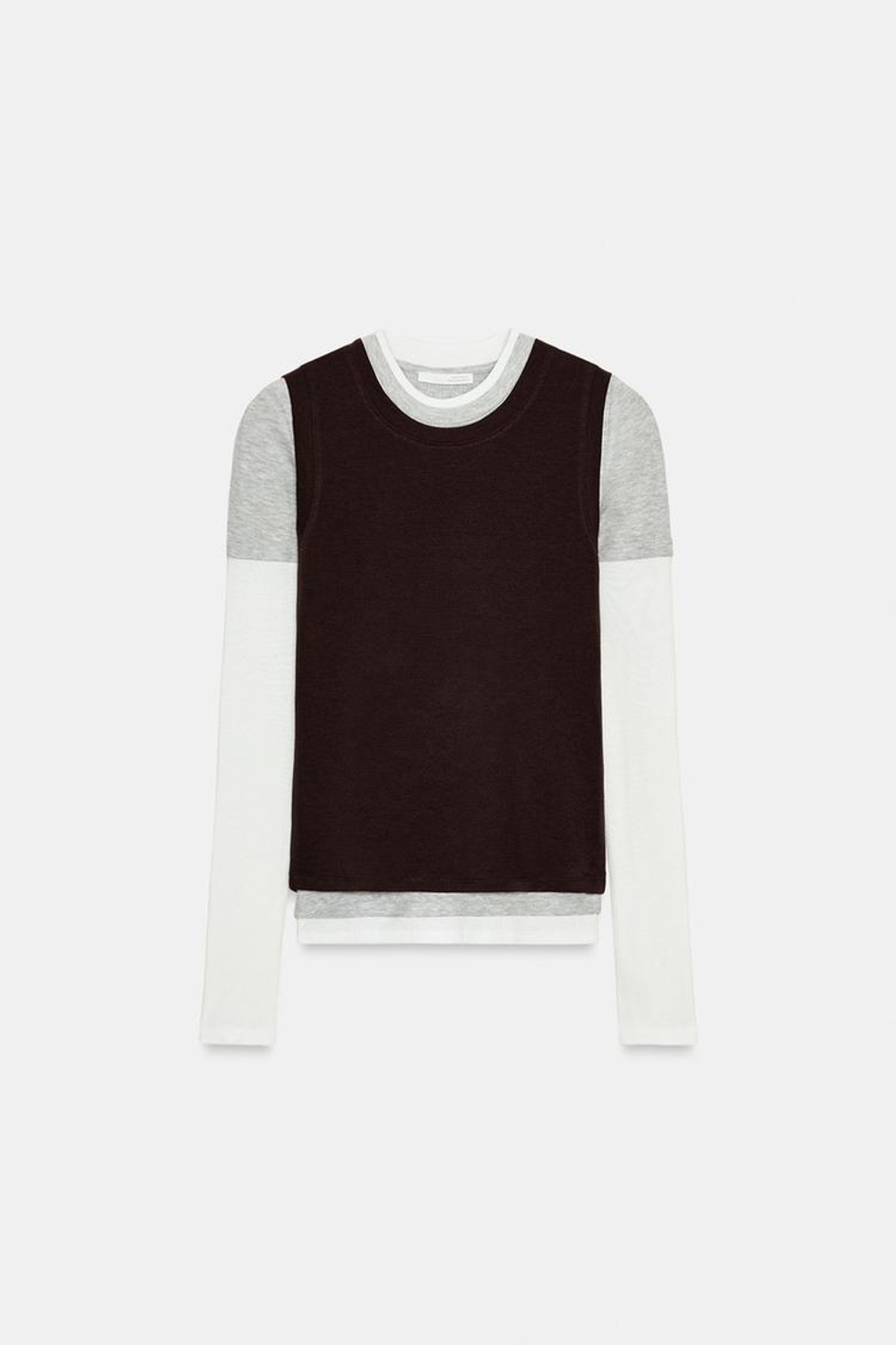 ZARA ФУТБОЛКА С ЭФФЕКТОМ ТРОЙНОГО СЛОЯ И ДЛИННЫМИ РУКАВАМИ, КОРИЧНЕВЫЙ