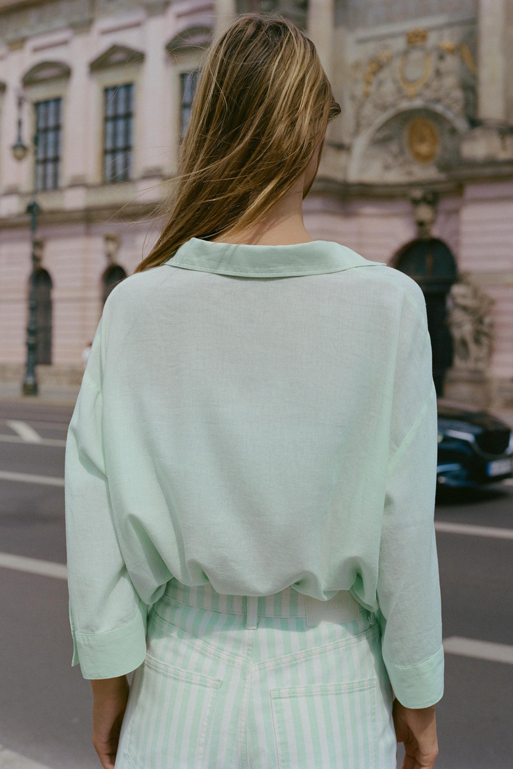 ZARA ЛЬНЯНАЯ РУБАШКА СВОБОДНОГО КРОЯ, МЯТНЫЙ