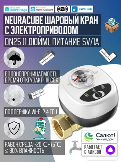 Умный WiFi шаровый кран с электроприводом DN25 (1" дюйм) USB5V + ручное управление (Работает с eWelink, Алиса)