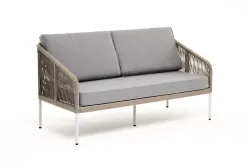 "Канны" диван 2-местный плетеный из роупа, каркас алюминий светло-серый (RAL7035) шагрень, роуп серый меланж круглый, ткань серая 017