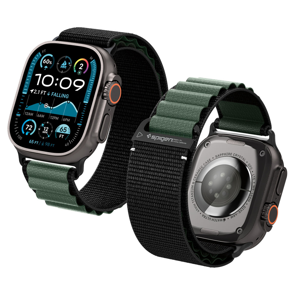 Ремешок Spigen WBF1 BAND для Apple Watch 6 / 7 / 8 / 9 / 10 / SE / Ultra 1 / 2 (44 / 45 / 46 / 49 mm) черный/зеленый