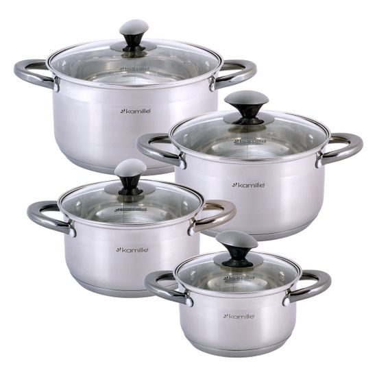 Набор кастрюль 8 предметов Kamille KM 4927 из нержавеющей стали (1,5 л; 2 л; 3 л; 5 л.) черные ручки