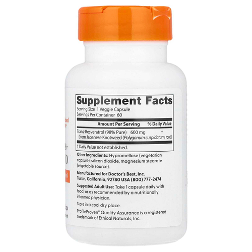 Doctor's Best, высокоэффективный транс-ресвератрол 600, 600 мг, 60 вегетарианских капсул