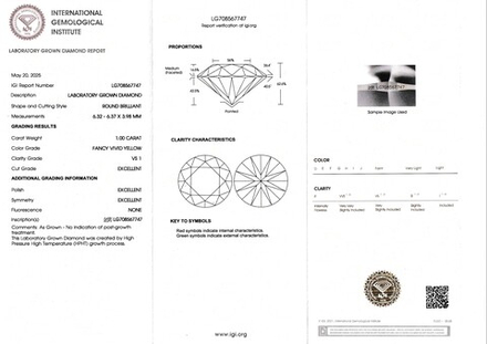 Лабораторно-выращенный бриллиант круг 6.32 х 6.37 х 3.98 мм FancyVIVID YELLOW/VS1 1.00 ct
