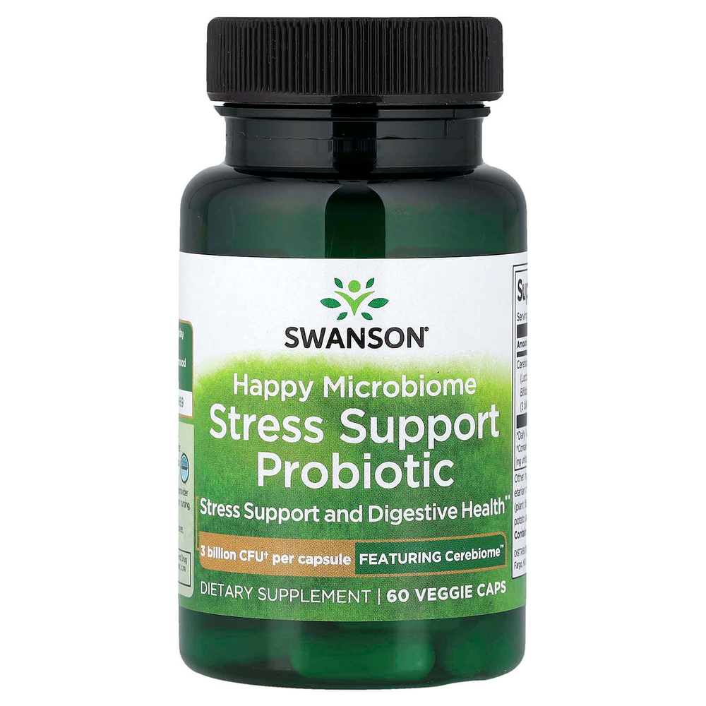 Swanson, Happy Microbiome Stress Support, пробиотик, 3 млрд КОЕ, 30 растительных капсул
