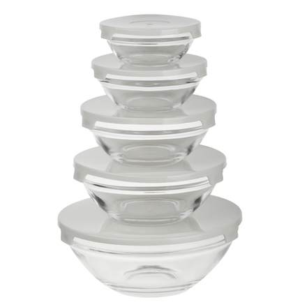MILLIMI Набор салатников с крышкой 5 шт: 900/ 500/350/200/130 мл, стекло, пластик, серый