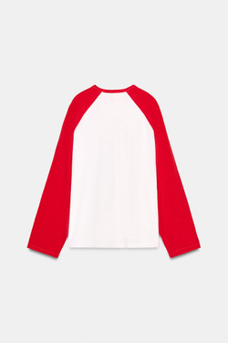 ZARA ФУТБОЛКА С ДЛИННЫМИ РУКАВАМИ И КОНТРАСТНЫМИ ЭЛЕМЕНТАМИ, БЕЛЫЙ/КРАСНЫЙ