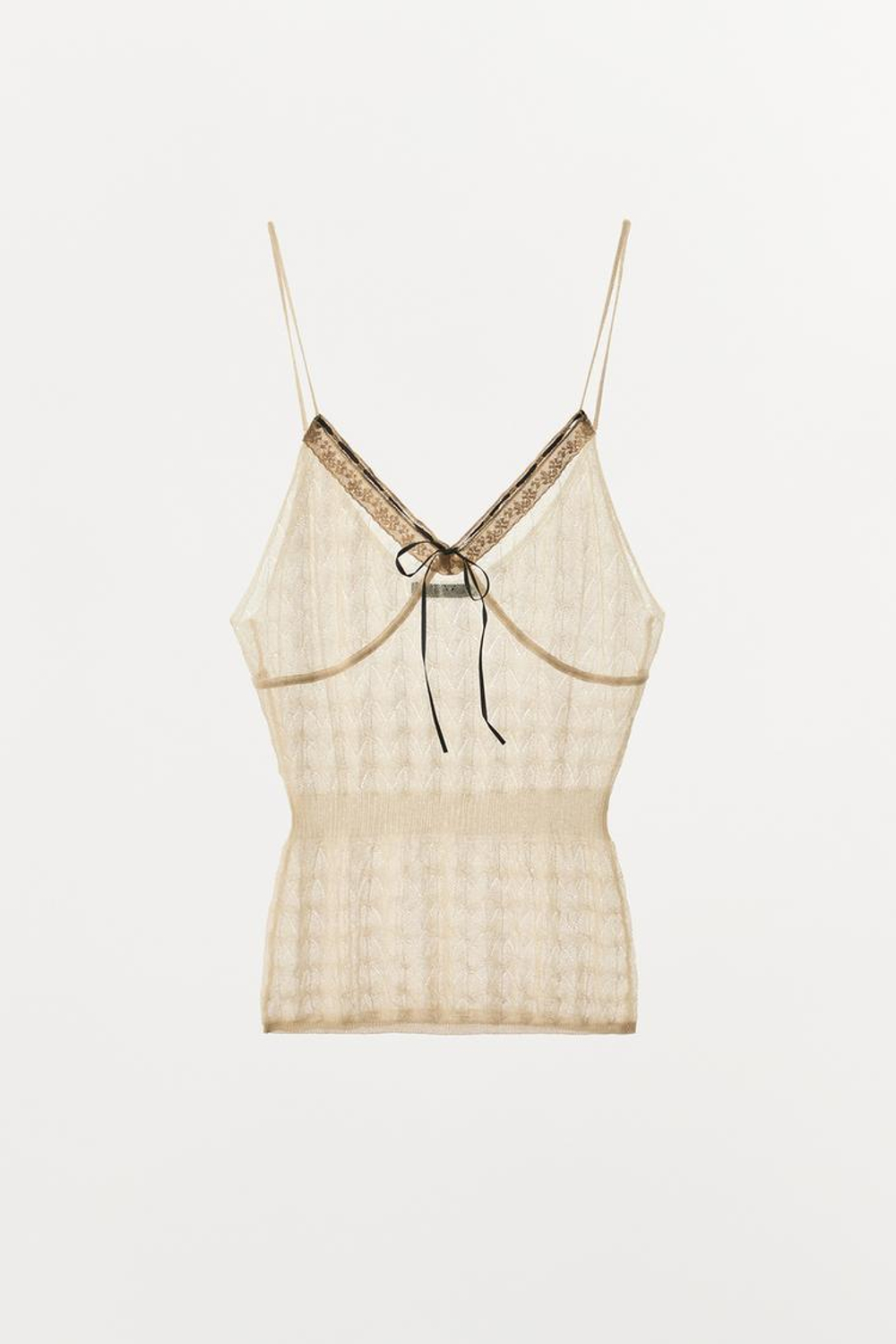 ZARA ТРИКОТАЖНЫЙ ТОП С КОНТРАСТНЫМ БАНТОМ, ЭКРЮ