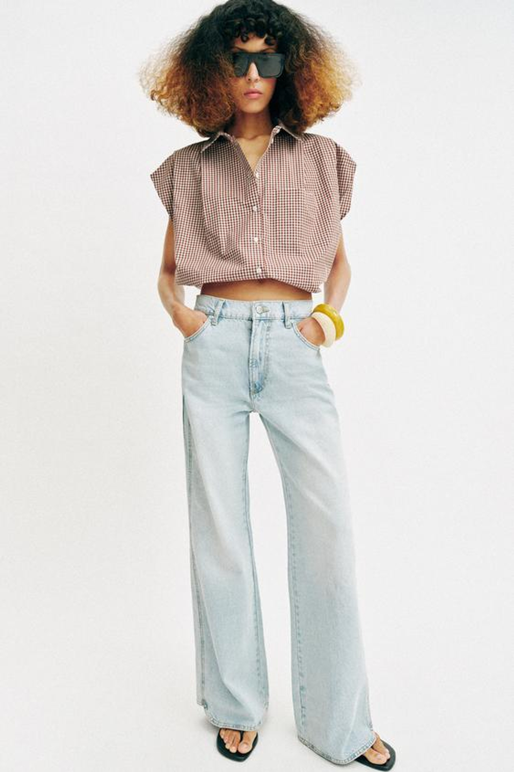 ZARA УКОРОЧЕННАЯ РУБАШКА В КЛЕТКУ ВИШИ, КОРИЧНЕВЫЙ/БЕЛЫЙ
