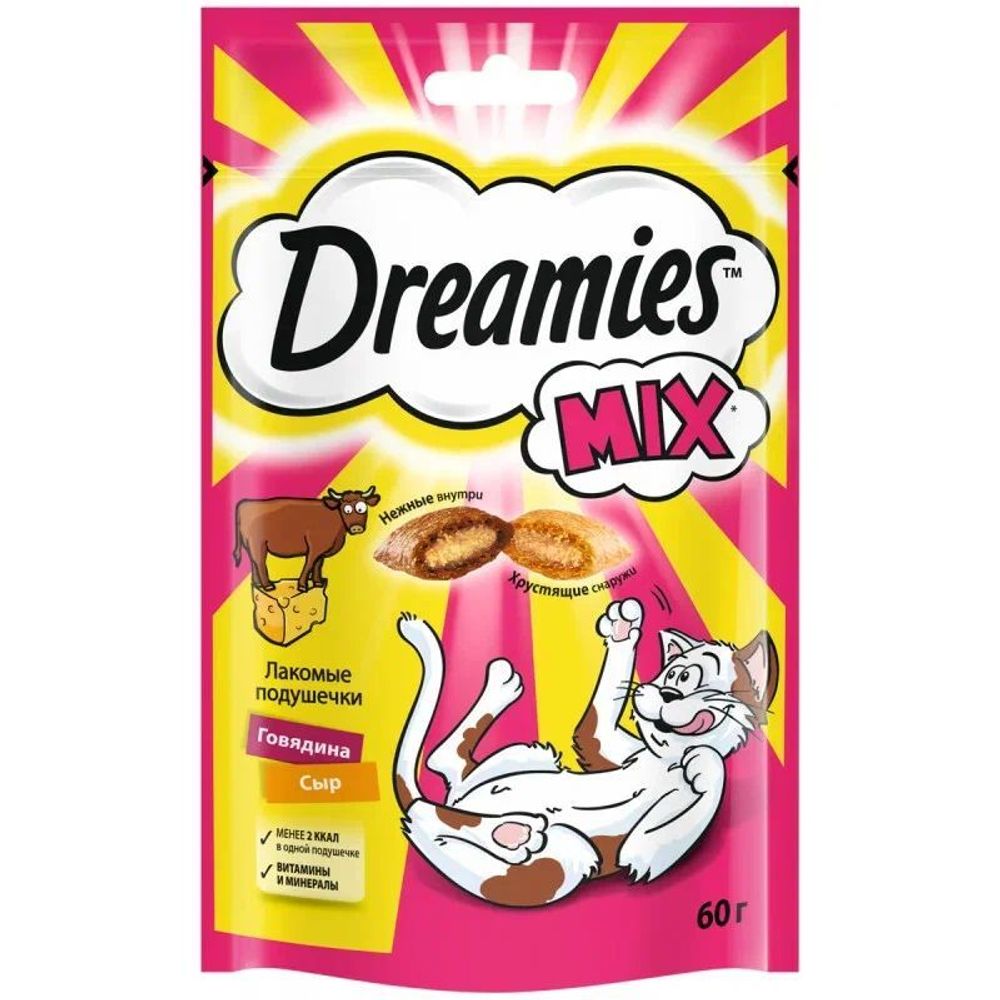 Лакомство Dreamies Mix для кошек лакомые подушечки с говядиной и сыром 60 г